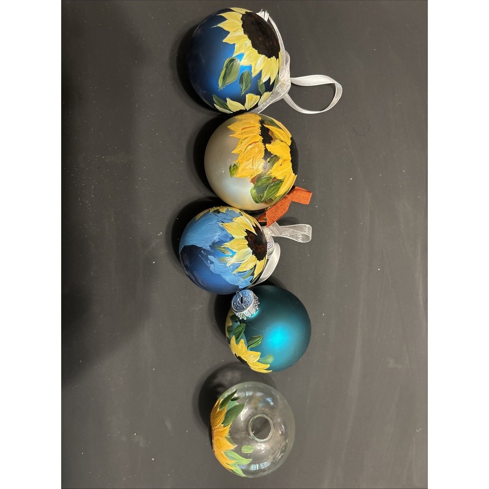 Lot of 5 Hand Painted Glass Sunflower Christmas Ornaments Thanksgiving Holidays